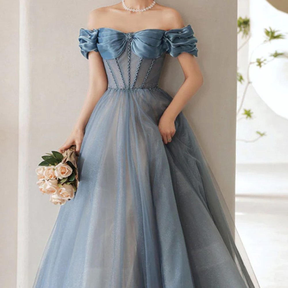 Blue Sweetheart Off Shoulder Tulle Long Ball Gown Dress - Size 10